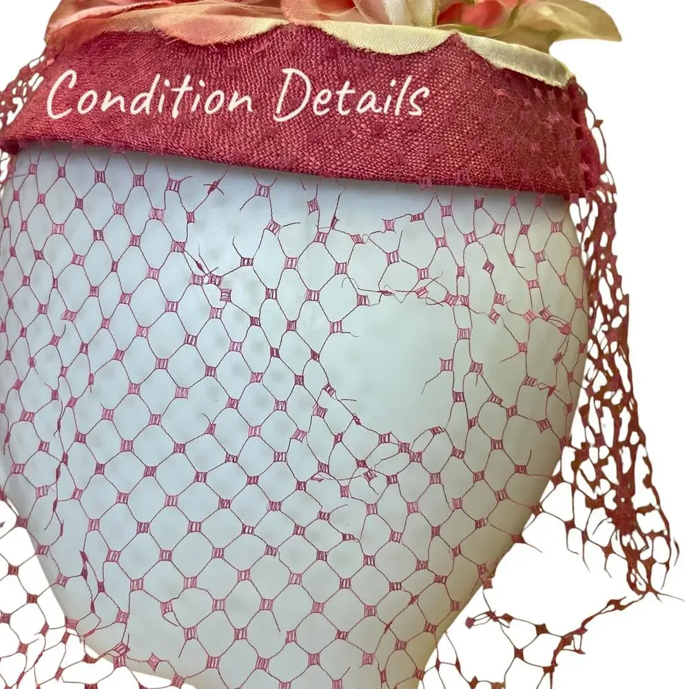 1950s Pink Floral Fascinator Hat | Vintage Veiled Cocktail Church Wedding Hat